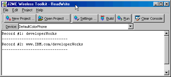 Figure 1. Record output from the ReadWrite MIDlet